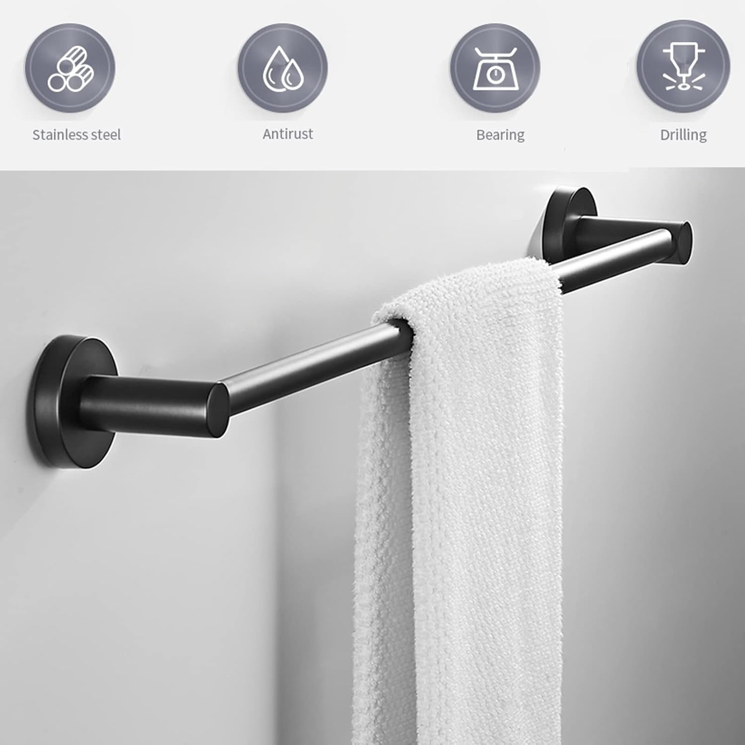 Wall-Mounted Towel Holder, Black Stainless Steel SUS304, Bathroom Towel Rack, Single Towel Shelf, 60 cm Bath Towel Holder, Durable & Stylish Design for Home Use