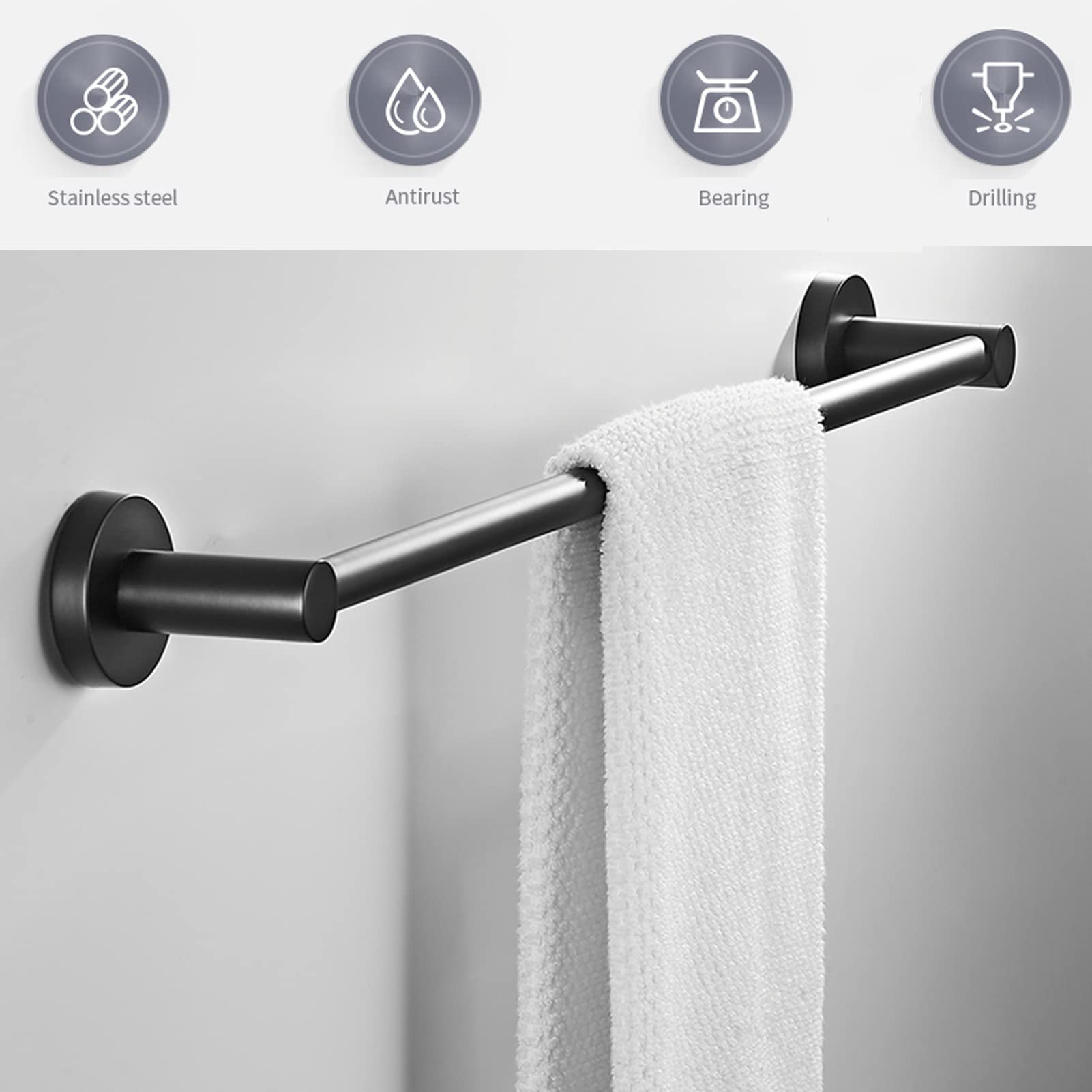 Portasciugamani Nero Opaco ， Portasciugamani Porta Asciugamani in Acciaio Inossidabile SUS304 Porta Asciugamani Nero Singolo Fissato al Muro per Kit Accessori Camera da Letto Cucina (Size :