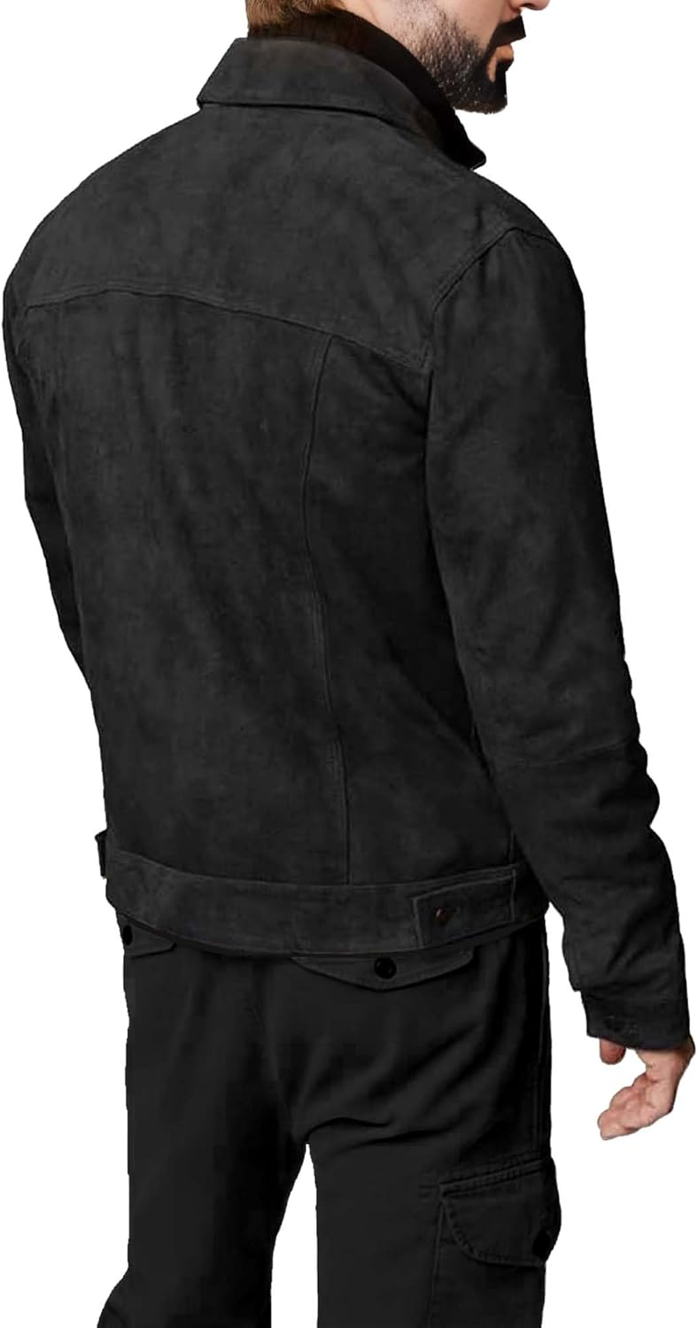 Premium Vintage Trucker Suede Leather Jacket Men Genuine Lambskin Men Leather Jackets Shirt Collar Jackets For Mens - Image 4