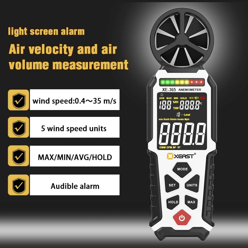XEAST XE-365 Digital Anemometer displaying key features like wind speed range, multiple units, MAX/MIN/AVG/HOLD, and audible alarm.