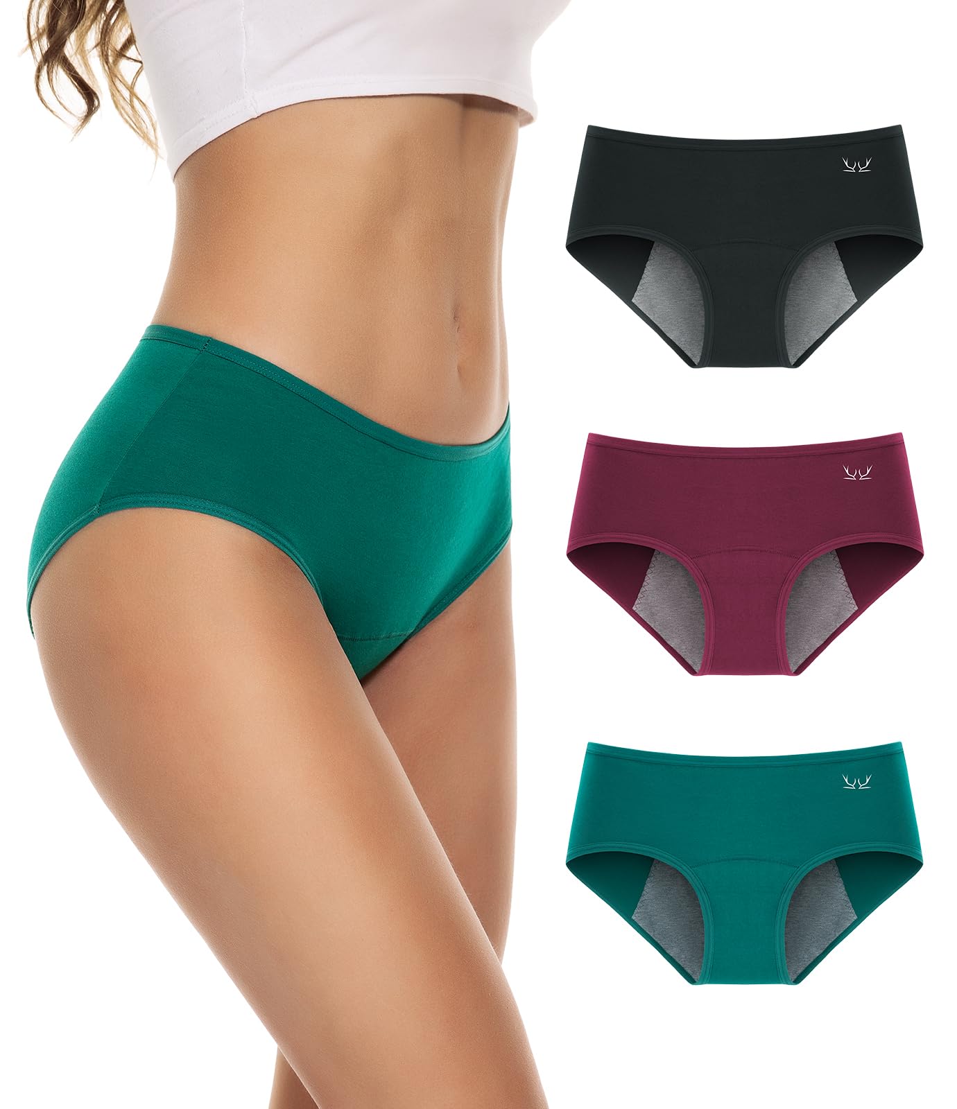 Ruixue Women's 3Pack-Black+Green+Red Period Pants For Cotton Menstrual Underwear Period Knickers Heavy Flow Postpartum Leakproof Knickers Extra Protection Pack Of 3