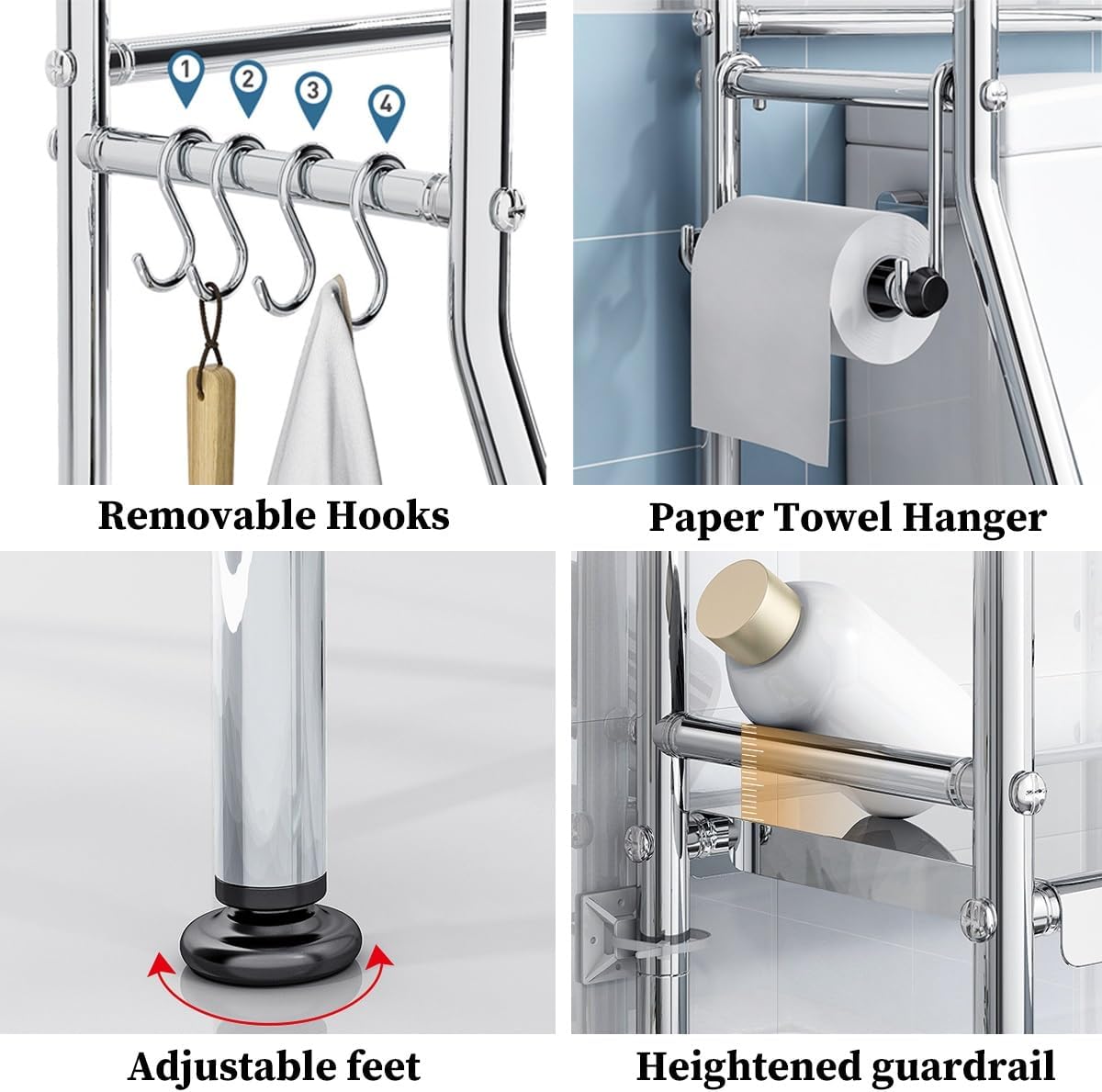 Over The Toilet Storage, Over Toilet Bathroom Organizer Shelf With 4 Hooks, Freestanding Bathroom Shelves With Toilet Paper Holder, Space-Saving Multi-Functional Toilet Rack ( Color : /Silver , Size