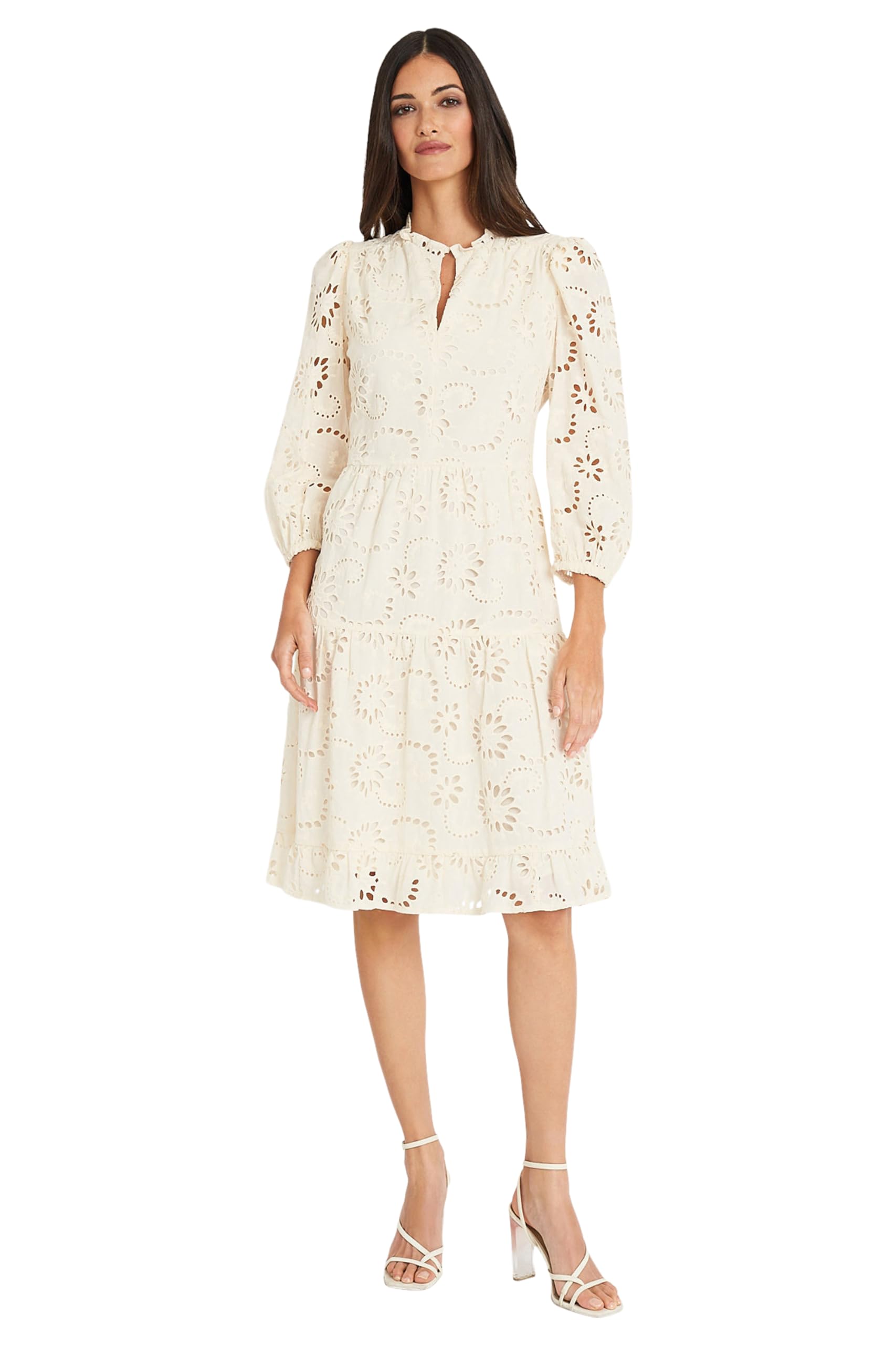 Maggy London Women's Maggy London Women's Dresses Mini Ruffle Mock Neck Eyelet Dress with Tiered Skirt