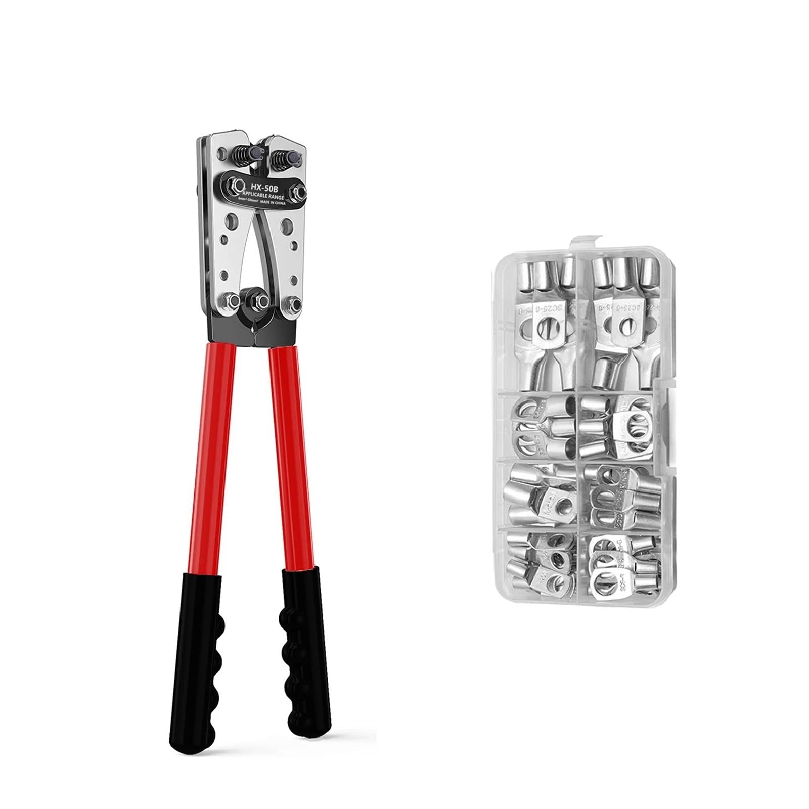 Battery Cable Lug Crimping Tool Kit with Cutter and Copper Lugs Assortment Heat Shrink Tubing Wire Crimper for Electrical(HX-50B Silver Termin)