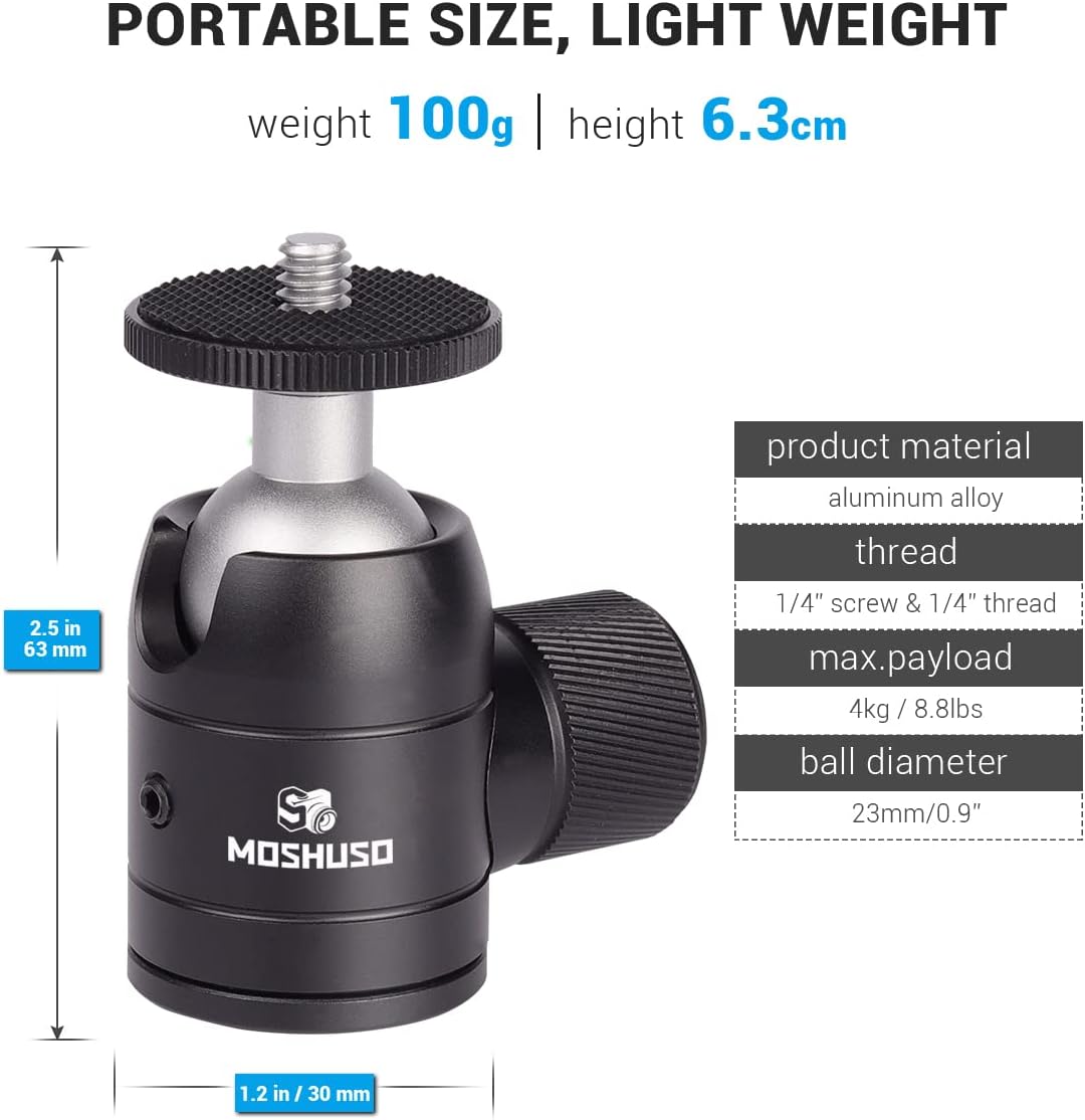 MOSHUSO Mini Ball Head Tripod Mount Head 360° Panoramic, with Top 1/4" Screw Metal Ball Joint for Monopod, DSLR Camera, Smartphone, Max Load 8.8 lbs/4 kg