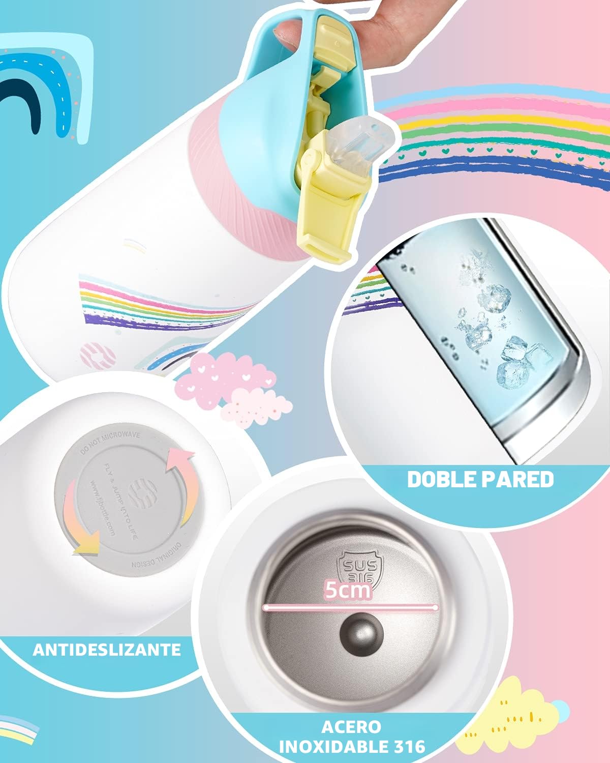 Fjbottle Niños 350ml Botella de Agua Acero Inoxidable con Pajita, Sin Fugas, sin bpa botella termica Reutilizable