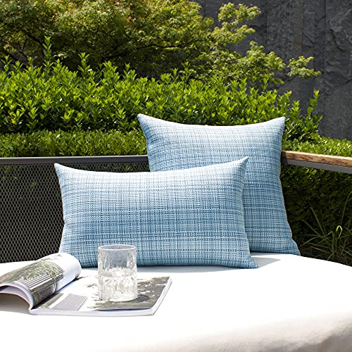 Kevin Textile Pack of 2 Decorative Outdoor Waterproof Throw Pillow Covers Stripe Square Pillowcases Modern Cushion Cases for Patio Couch Bench 20 x 20 Inch Light Blue