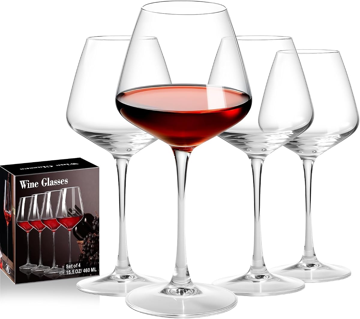 Copas de vino Borgoña sopladas a mano, 16 oz, juego de 4 | Cristalería de tallo transparente para variedades rojas y blancas, cenas, bodas y entretenimiento en el hogar.