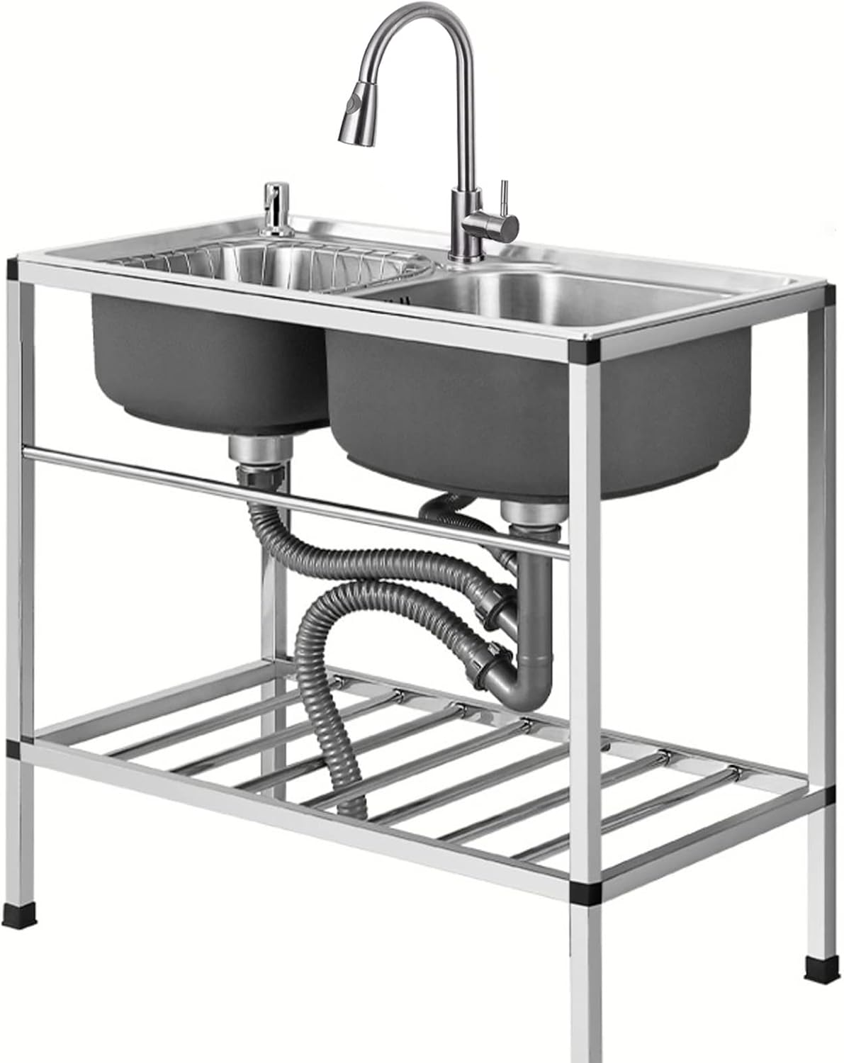Commercial Sink,Stainless Steel Double Bowl Sink,Free Standing Utility Sink,Outdoor Utility Sinks with Faucet and Drain,for Kitchen Bathroom Restaurant Farmhouse Laundry ( Size : 81x43x75cm , Color :