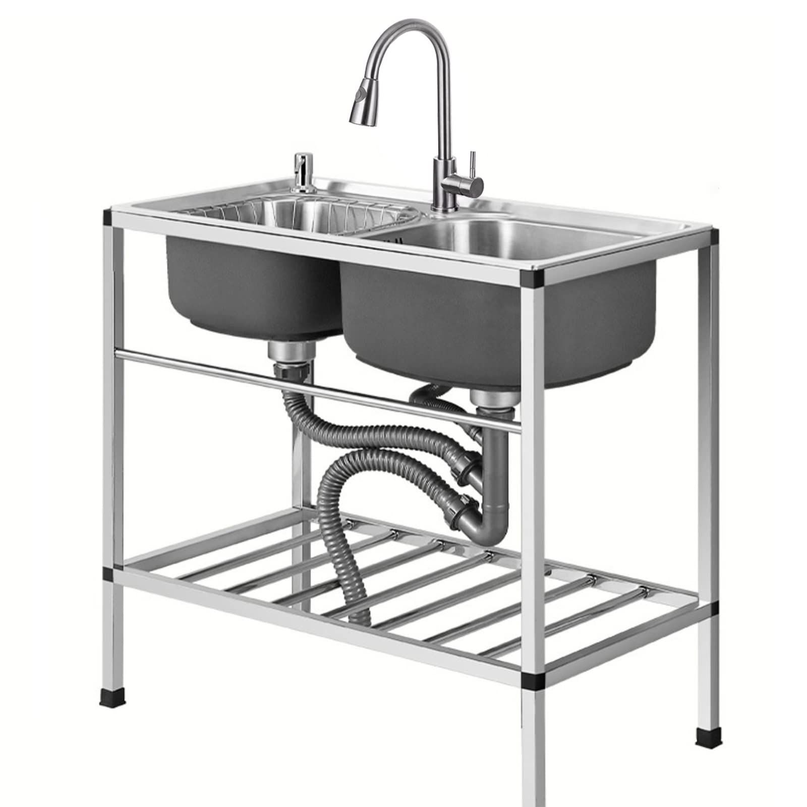 WDSOPK Commercial Sink,Stainless Steel Double Bowl Sink,Free Standing Utility Sink,Outdoor Utility Sinks with Faucet and Drain,for Kitchen Bathroom Restaurant Farmhouse Laundry,Pull-out-81x43x75cm