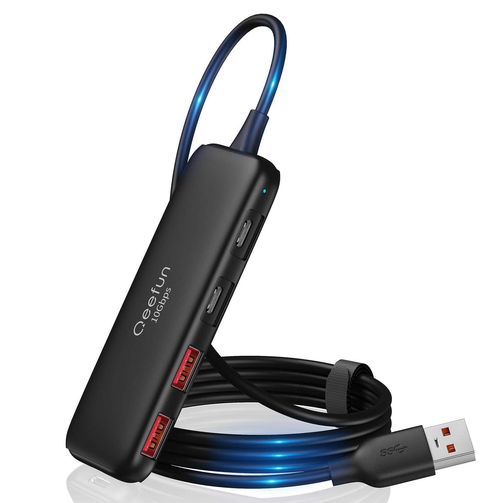Qeefun 10Gbps USB 3.2 Hub with 2 USB A & 2 USB-C 3.2 Data Ports, USB 3.2 Gen 2 Splitter, 4ft Extended Long Cable and Type-C Power Port, USB multiport Adapter for pc, Laptop, iMac, Mac mini and More