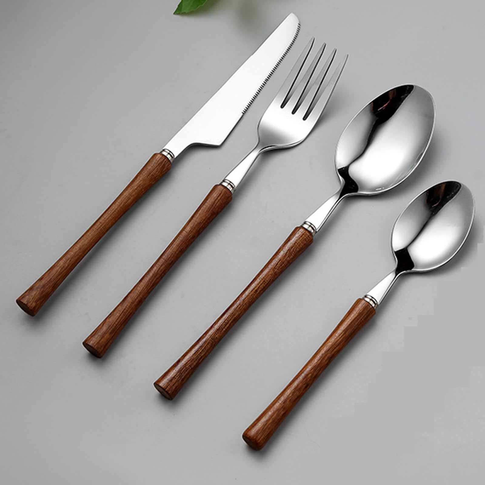 Este Juego de Cubiertos de Madera de 48 Piezas para 12 Personas Incluye un Elegante Juego de Cubiertos de Acero Inoxidable para la Mesa, Ideal para el hogar, la Cocina o el Restaurante. Cuen