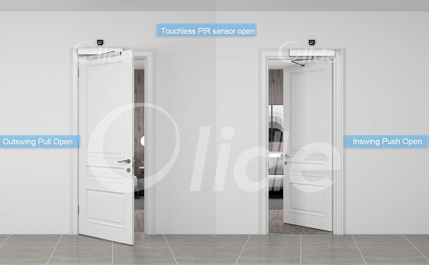 Olideauto Touchless Sensor Open Automatic Swing Door Opener with 2pcs Passive Infrared/Body/Motion Sensors
