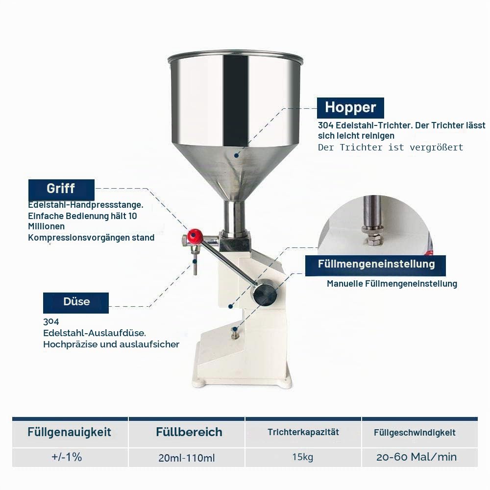 SUSEMSE abfüllmaschine manuelle Flüssigkeitsfüllmaschine, Paste Flaschenfüllmaschine 5–50 ml Abfüllmaschine Flaschenfüller für Wasser Öl – A03