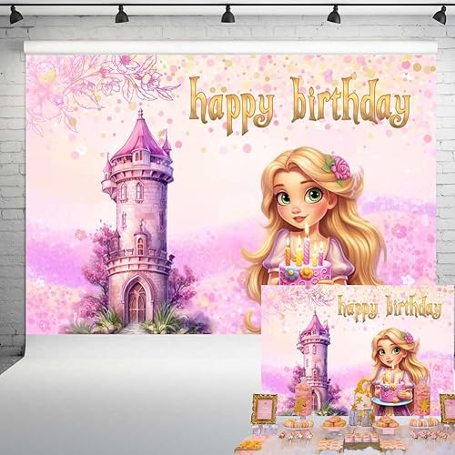Miniatura 1 de Fondo de cumpleaños de princesa Rapunzel de acuarela, Rapunzel para niños pequeños con fondo de fotos de castillo de pastel, pancarta temática