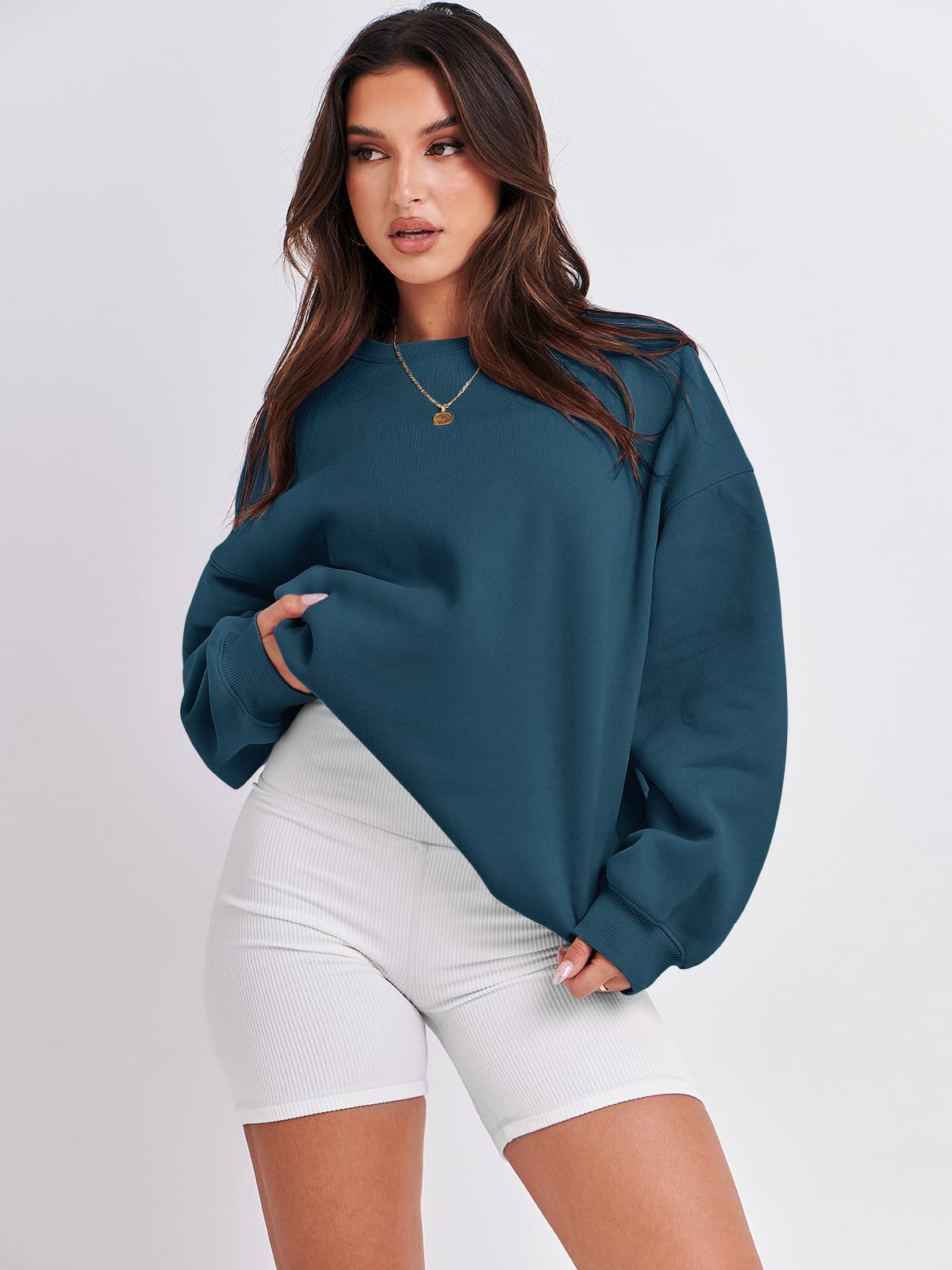 Damskie bluzy oversize bluzy z kapturem polar okrągły dekolt sweter top codzienne jesienne stroje preppy ubrania nastolatki 2024 A1019 światło, Jeden kolor, Deep Blue_L