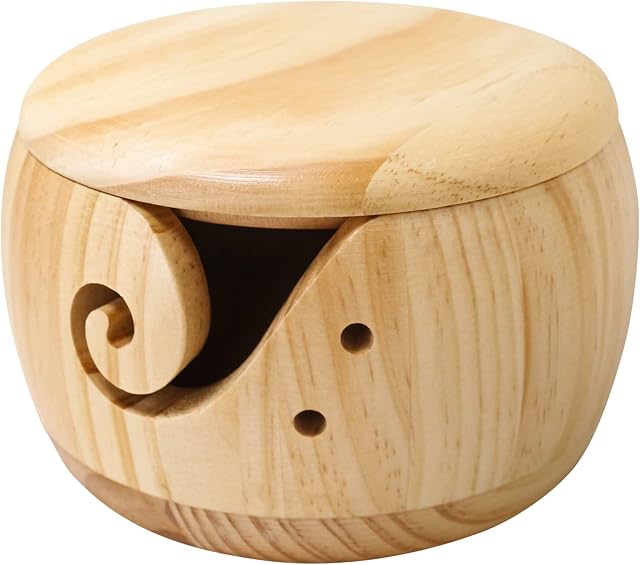 Wooden Yarn Bowl with Lid, Yarn Bowl Wool Holder, Handmade Yarn Storage Bowl with Holes Needle and Thread Ball Storage, Knitting Bowl for Crocheting Knitting Accessories DIY Crafts Gift