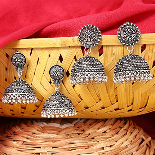 Image of Yellow Chimes Earrings for Women and Girls Traditional Silver Oxidised Jhumka German Silver Earring Set Dome Shaped Dangler Jhumki Earrings Combo | Birthday Gift For Girls and Women