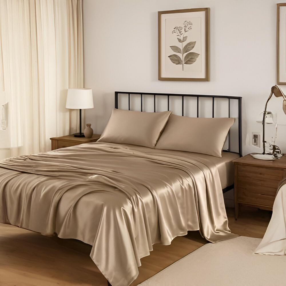 jaycorner Custom Size 4-Piece Sheet Set 30 Momme Mulberry Silk Bed Sheets Set Fits 10-12 Deep Pocket -