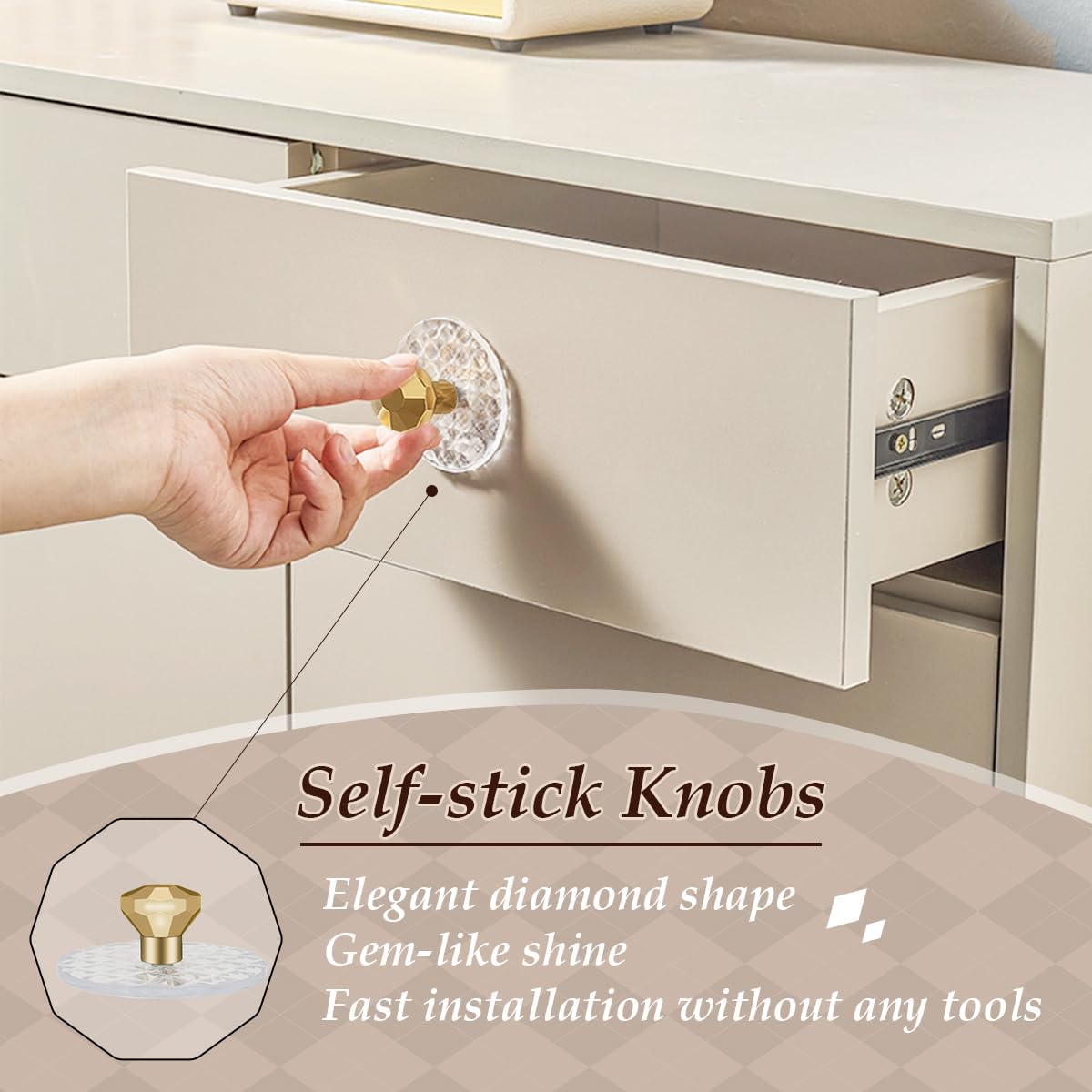 6 Pack Self-Adhesive Knobs for Cabinets Acrylic Diamond Shaped Mirror Doors Knobs Plastic Self-Stick Handle Pull for Cupboard Glass Cases Sliding Doors Drill Free Drawer Knobs (B, Clear)