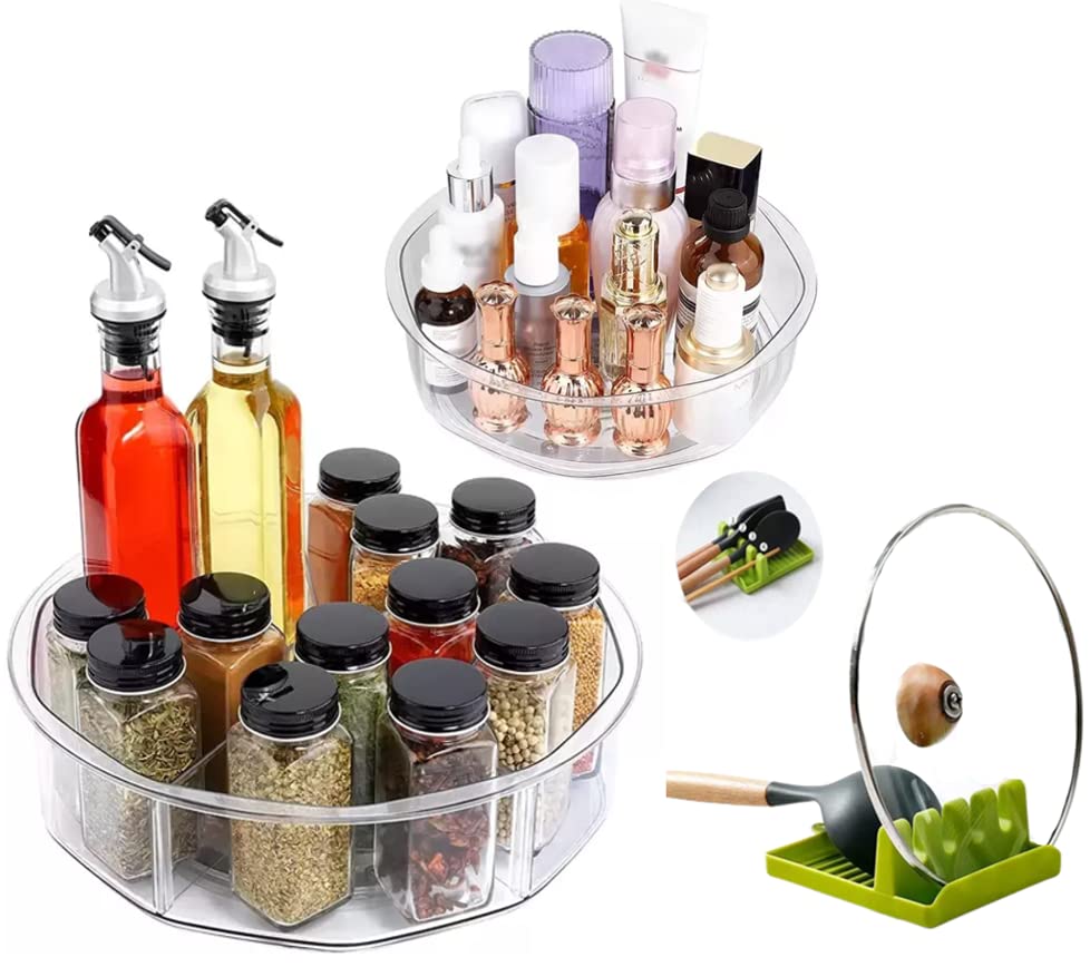 2 Pack Lazy Susan Turntable Organizer -BPA Free with 1 PC Spoon Rest Kitchen, Rotating Storage Spinner,Clear rotation turntable, kitchen utensil holder (with dividers, 1)