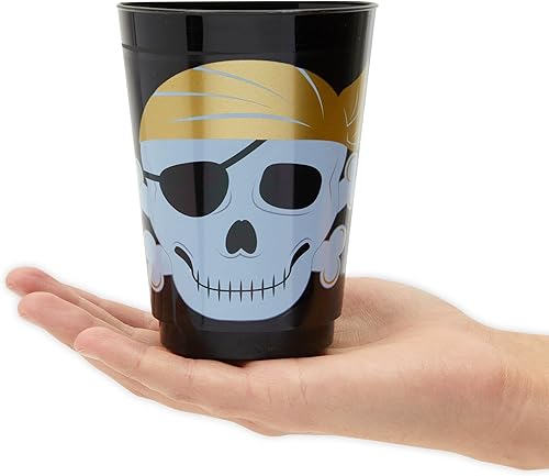 Miniatura 5 de Sparkle and Bash Paquete de 16 vasos de plástico con temática de calavera para niños, suministros de fiesta de cumpleaños pirata (negro, 16 onzas)