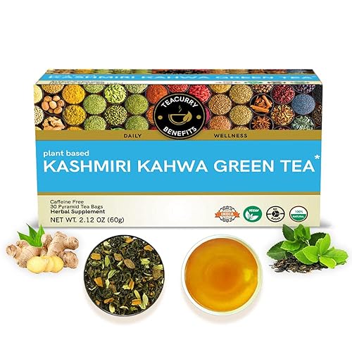 TEACURRY Kashmiri Kahwa - Té verde desintoxicante (paquete de 1 mes, 30 bolsas de té) Auténtico Kawa de Cachemira Almendra, Rosa, Cardamomo, Canela