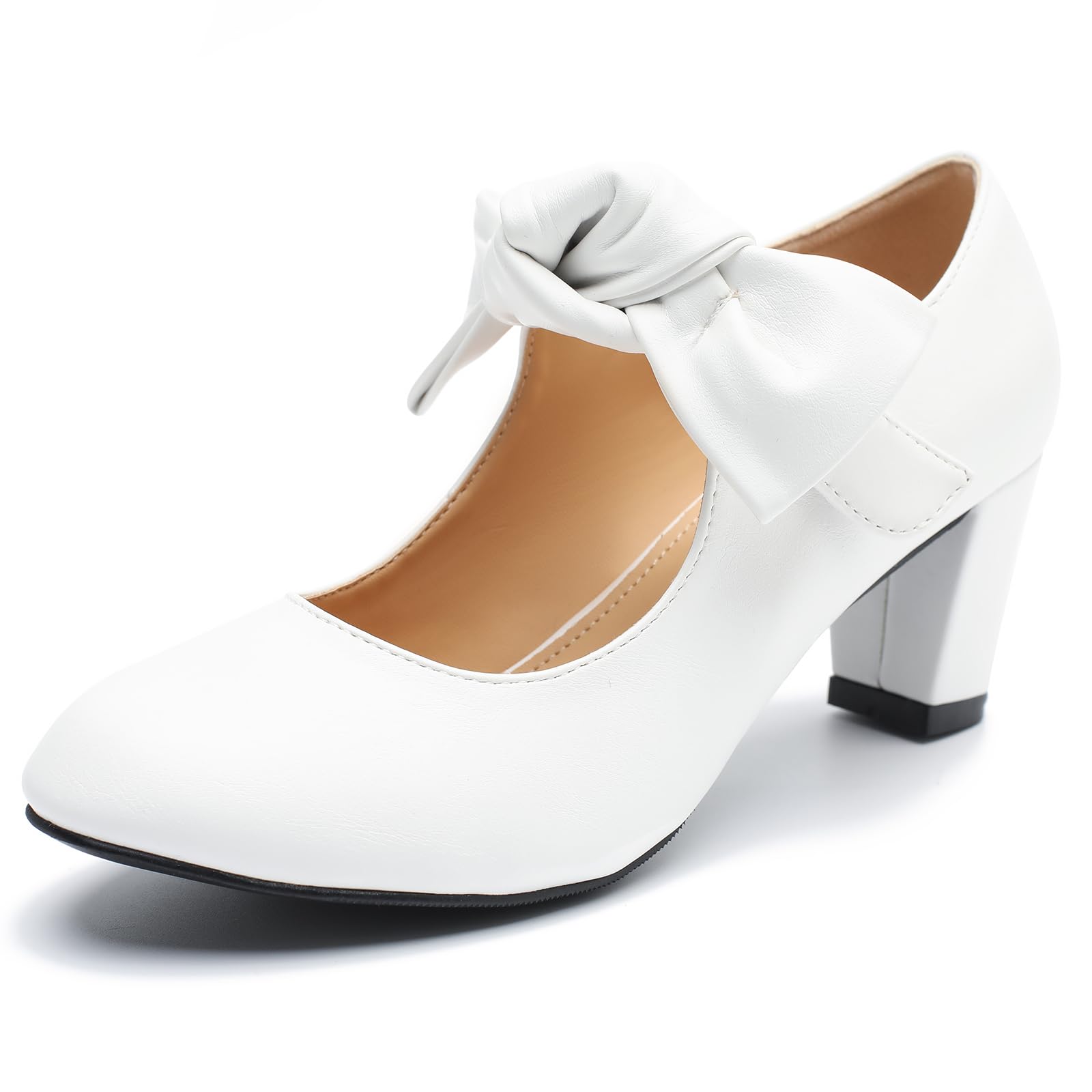 LIURUIJIA Women's Bow Mary Janes Block Heel Pumps Round Toe Ankle Strap Wedding Evening Party Dress Shoes