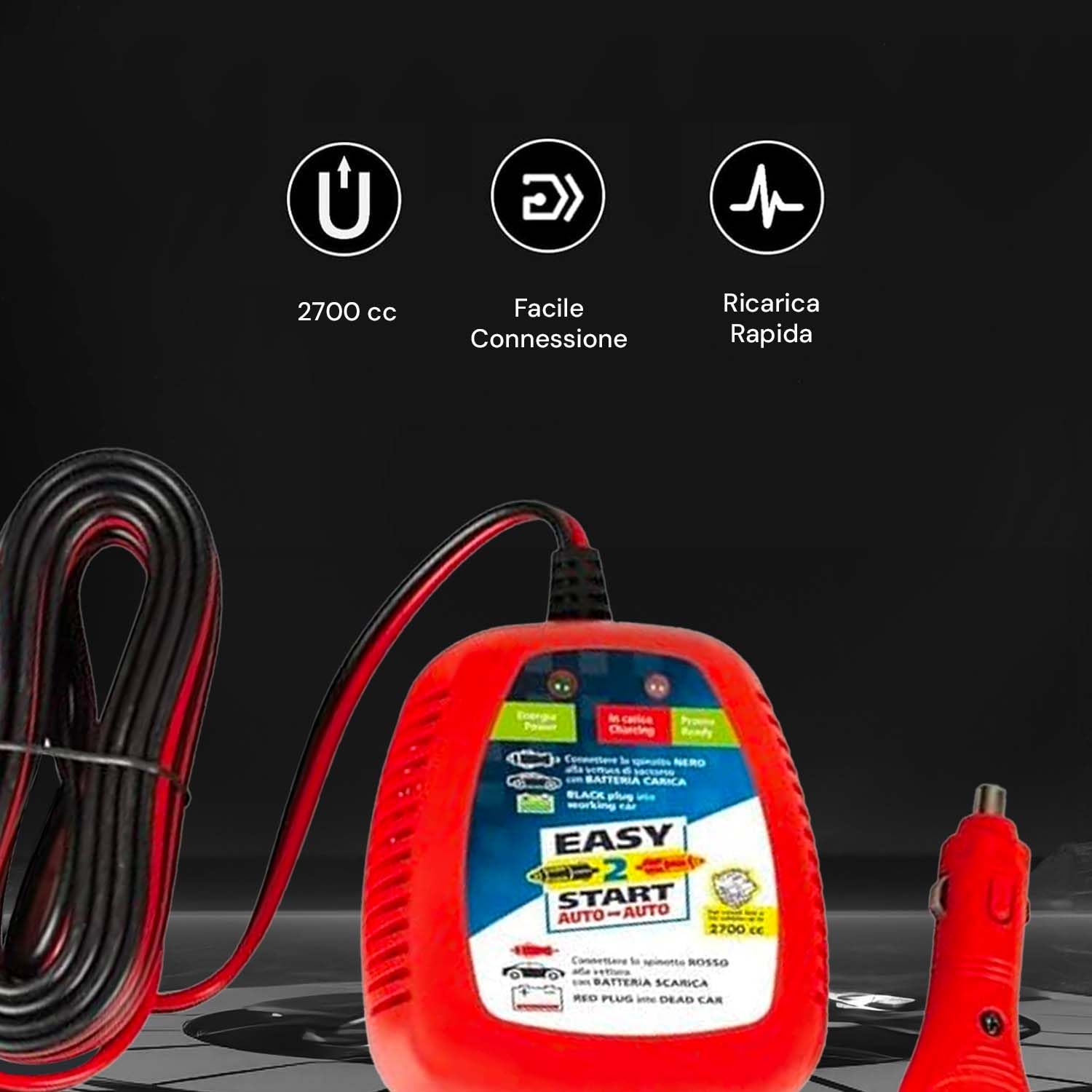 Avilia Universal-Starthilfe-Ladegerät 12 V mit 5 m Kabel – Notfall-Booster für Auto und Motorrad bis 2700 cc mit Zigarettenanzünder, integrierter Schutz