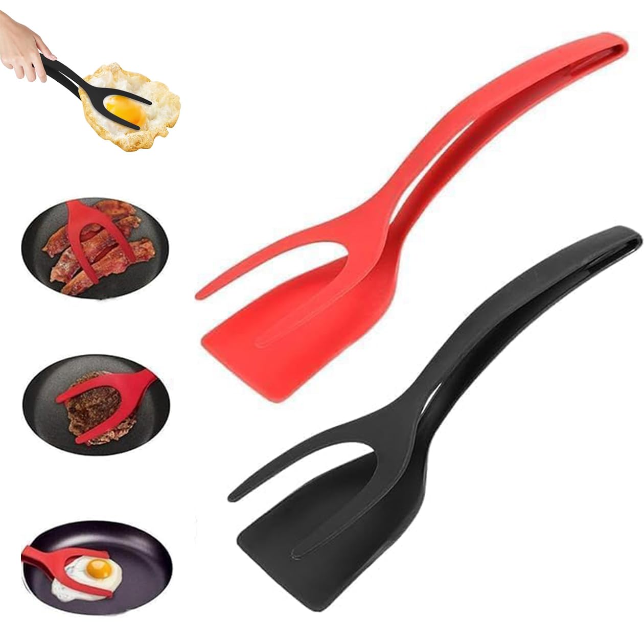 2PCS Egg Flipper Spatula - 2 in 1 Frying Tongs and Flip Spatula Tongs, Non-Stick Egg Turners, Pancake Fish French Toast Omelet Making Home Kitchen Cooking Tools (Black&red)