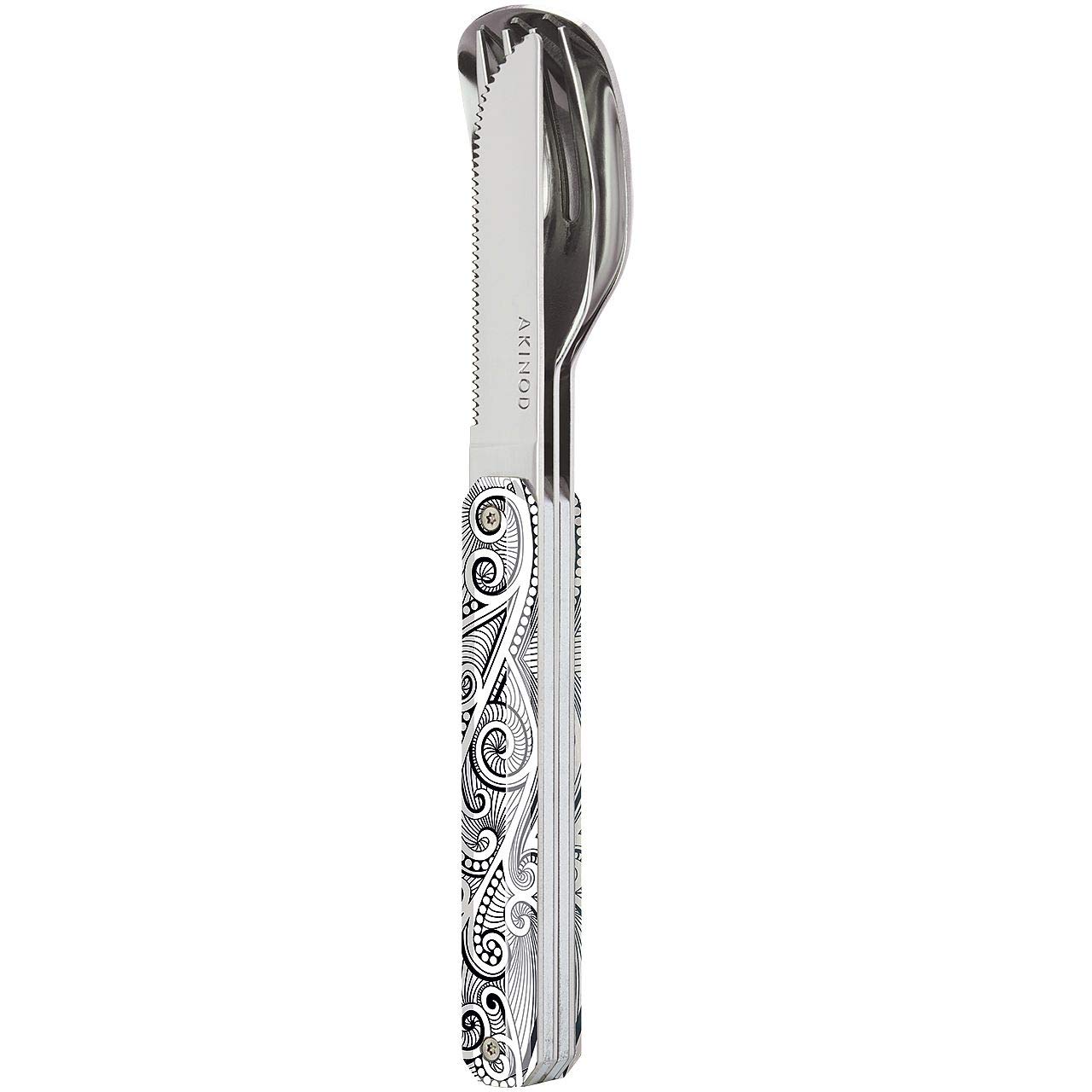 Akinod - Couverts Droits Aimantés 12H34 Arabesques - Fourchette, Couteau, Cuillère en Acier Inoxydable - Assemblage Aimanté - Nomades Compacts, Durables et Élégants