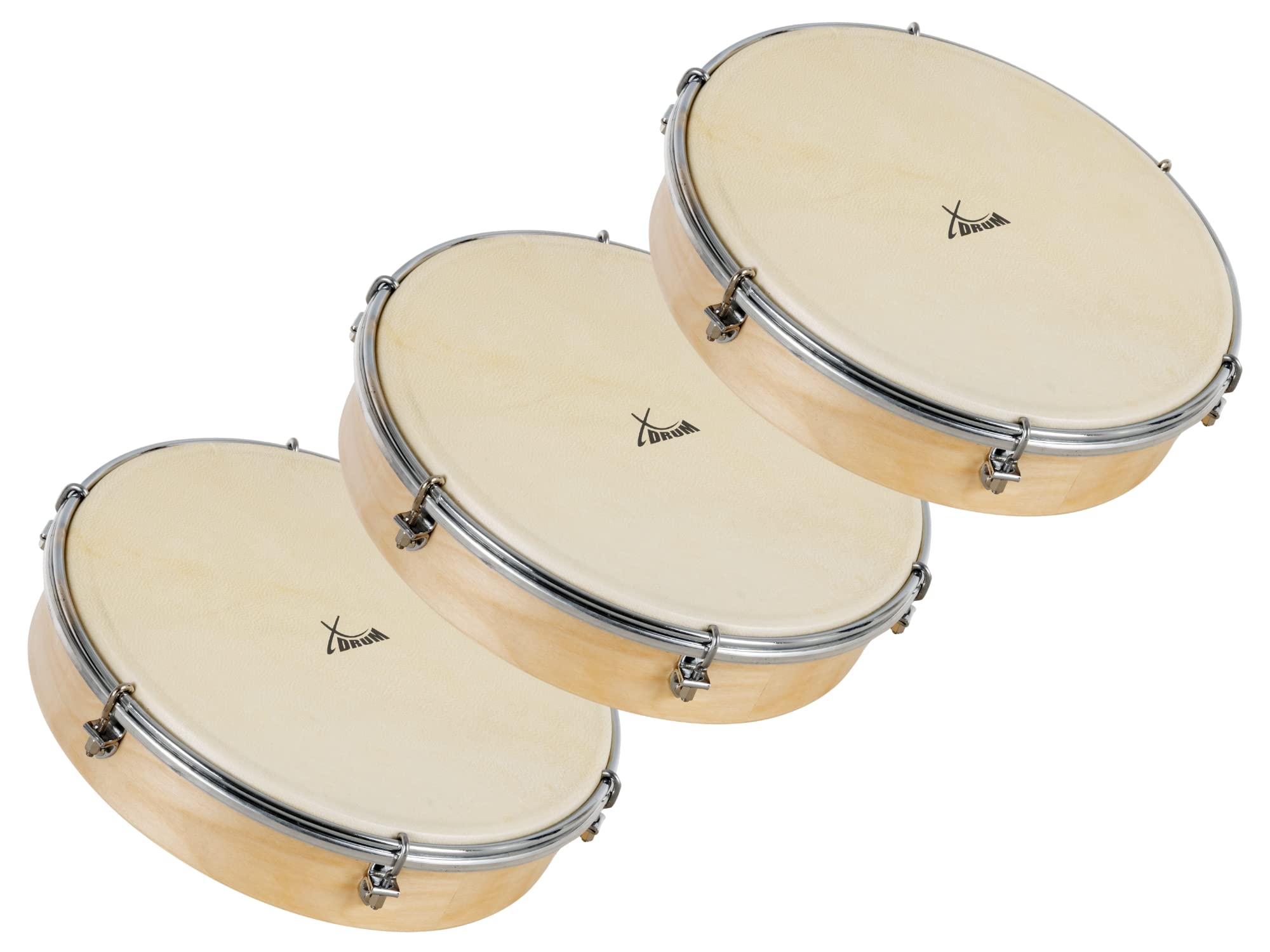 XDrum HTM-12S 12" Handtrommel mit Natur-Fell 3x Set - Rahmentrommel mit Naturfell - Stimmbar mit 6 Spannhaken - Holzrahmen aus Ahorn - Ergonomischer Griff - Natur