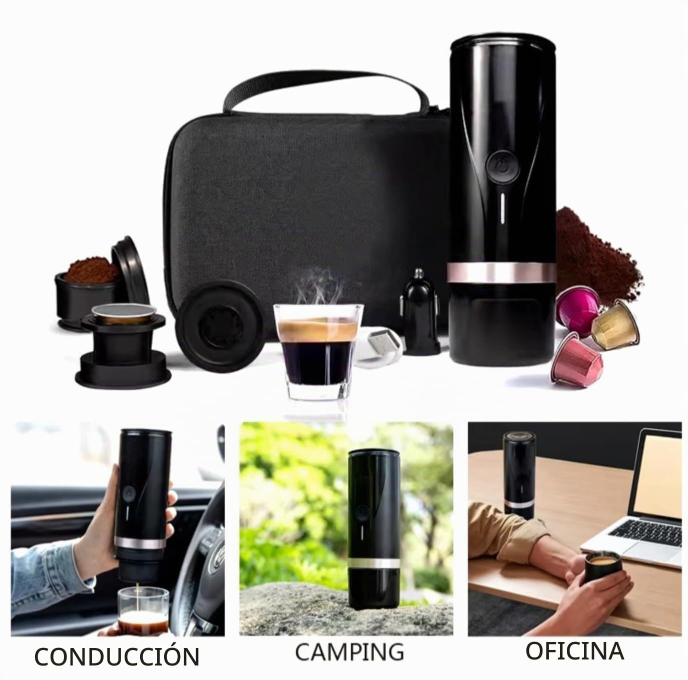 Cafetera portátil Cafetera Superautomática café molido y de Cápsulas NS portátil autocalentadora Regalo Ideal para Amantes del Café Máquina de Café Eléctrica Cafetera Mini (Negra)