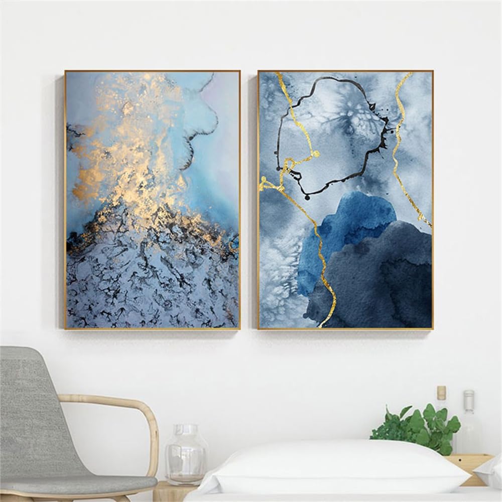 Wuhbcz Multicolored Art Decor,Abstract Flowing Golden Blue Canvas Painting Posters Prints Art Wall Pictures For Living Bedroom Office Room Decoration Artwork-40 * 50Cm*2Pcs (No Frame)