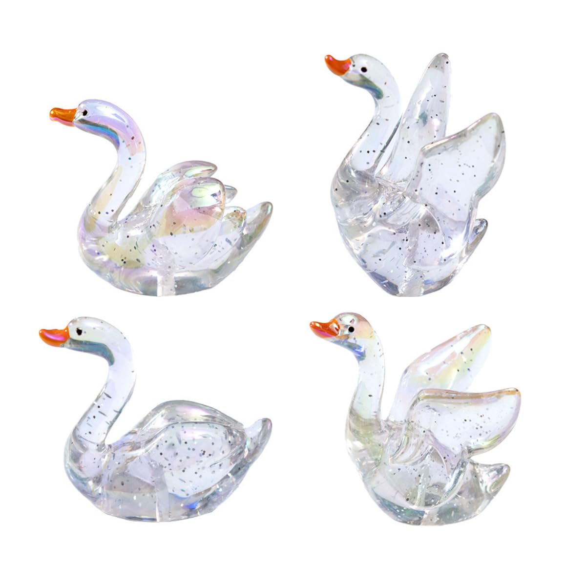 FOLANDO Miniature Swan Figurines, 4 Pcs Crystal Swans Figures Decor Swan Ornament Clear Iridescent, Swanstatue for Fairy Garden Desk Car Dashboard Computer Monitor Decor (Swan)