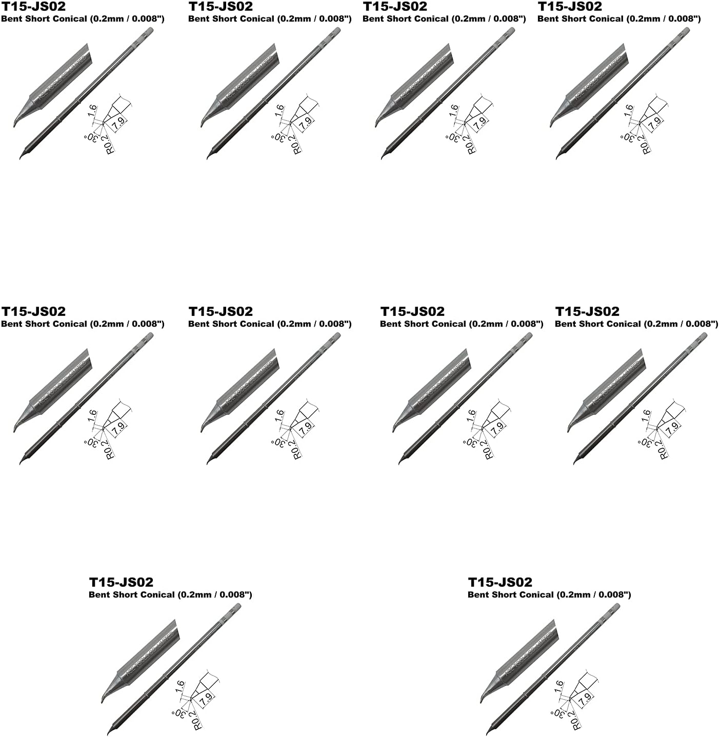 T15-JS02 Bent Short Conical Round 0.2mm Soldering Tip for FX-9501 FM-2028 FM-2027 FM-2021 FX-950 FX-951 FX-952 FM-202 FM-203 FM-204 FM-206 ACE Tips (10)