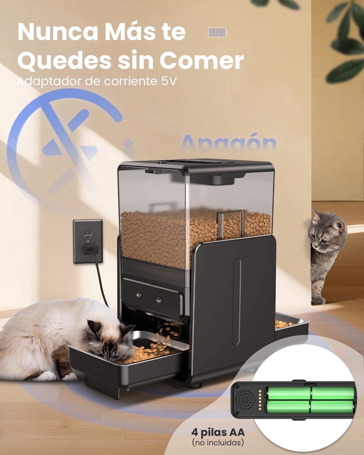 Comedero Gato Automatico con Control App para 2 Gatos, Altura Ajustable para Mascotas Pequeñas, Dispensador Comida Gatos de 5 litros para Alimento Seco, Grabadora de Voz