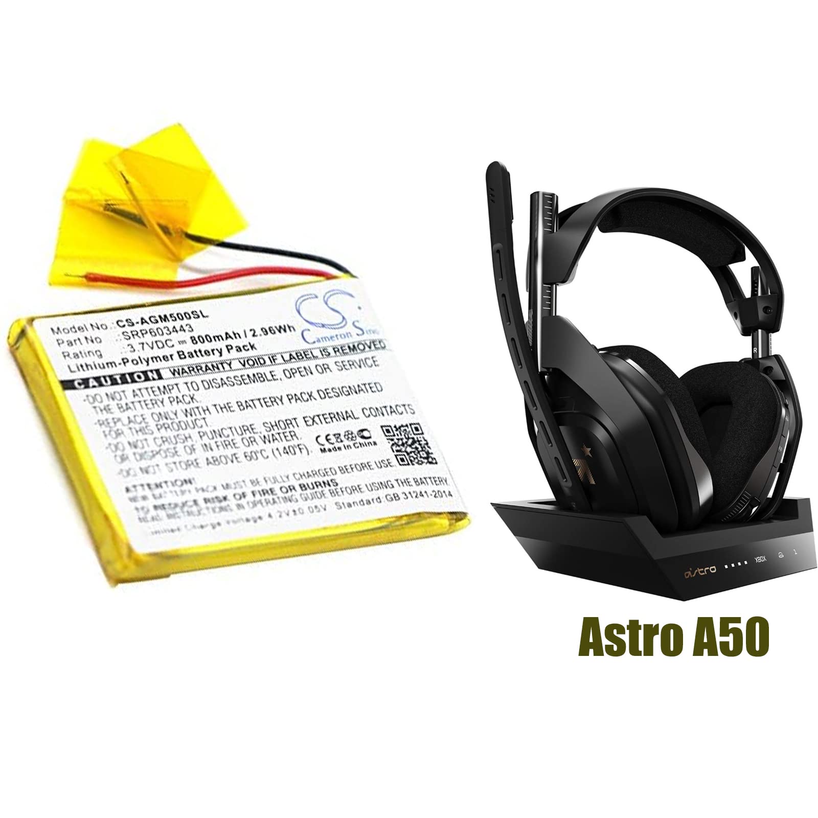 Cameron Sino Wireless Headset Replacement Battery, 3.7V 800mAh / 2.96Wh Li-Polymer Replacement Battery Compatible Fit for Astro A50, SRP603443
