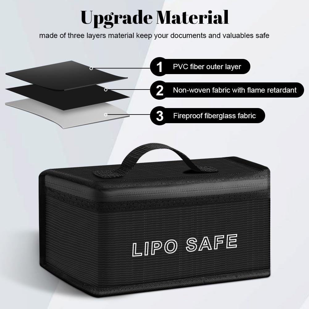 Vicloon Borsa di Sicurezza Della Batteria Lipo, 2 Pezzi Lipo Bag Borsa di Sicurezza con Doppia Cerniera, Prova di Fuoco ed Esplosione, per la Conservazione e la Ricarica Della Batteria al Litio, Nero