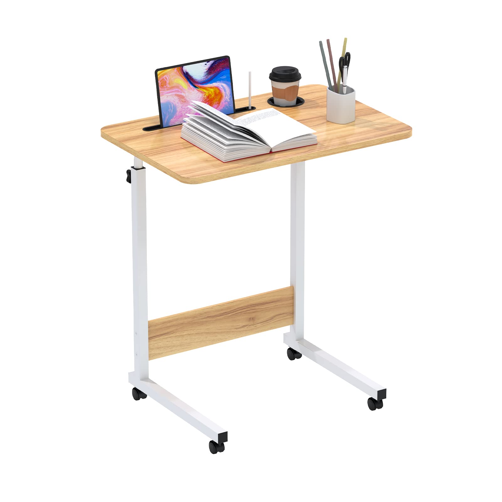 PIPIPOXER Scrivania per Computer, 60x40cm Tavolino Rotante Con Freno, Slot per PC per Tablet Cellulare, Slot per Tazza, Scrivania Mobile Regolabile in Altezza 69-90cm per PC per Tablet Cellulare,Legno