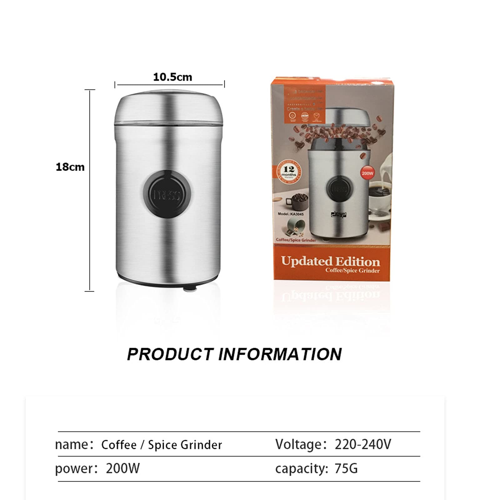 Molinillo Eléctrico De Café Y Especias, Acero Inoxidable 304, Capacidad 75 G, Operación Con Un Solo Botón, Portátil, Molinillo, Utilizado Para Granos De Café, Especias, Nueces, Granos (Silver gray)