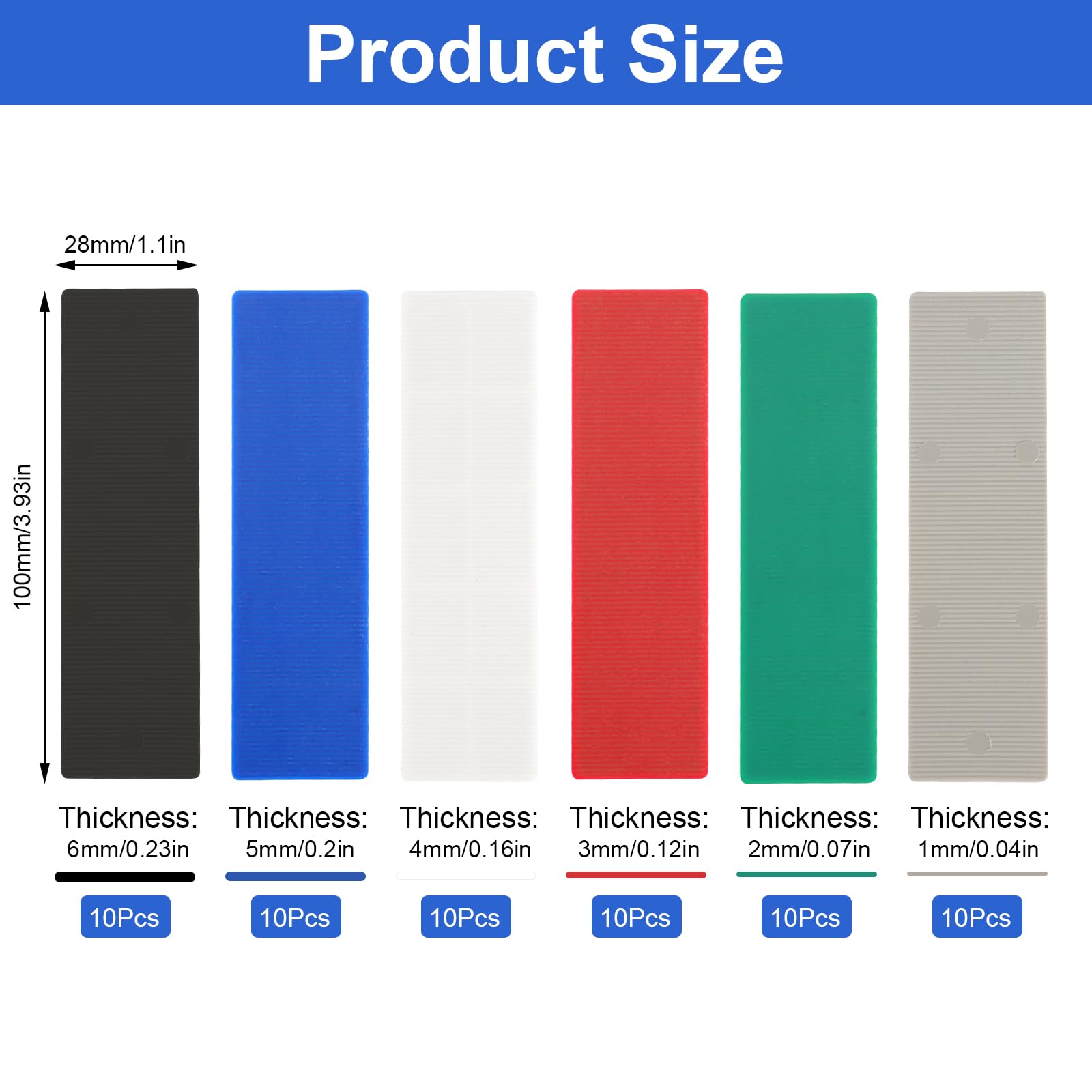 60 Pezzi Set di Blocchi per Vetri in Plastica 100 x 28 x 1-6mm Distanziatori in Plastica Piastre di Compensazione Cunei per Piastrelle Cunei per Mobili Spessori in Plastica per la Posa di Piastrelle