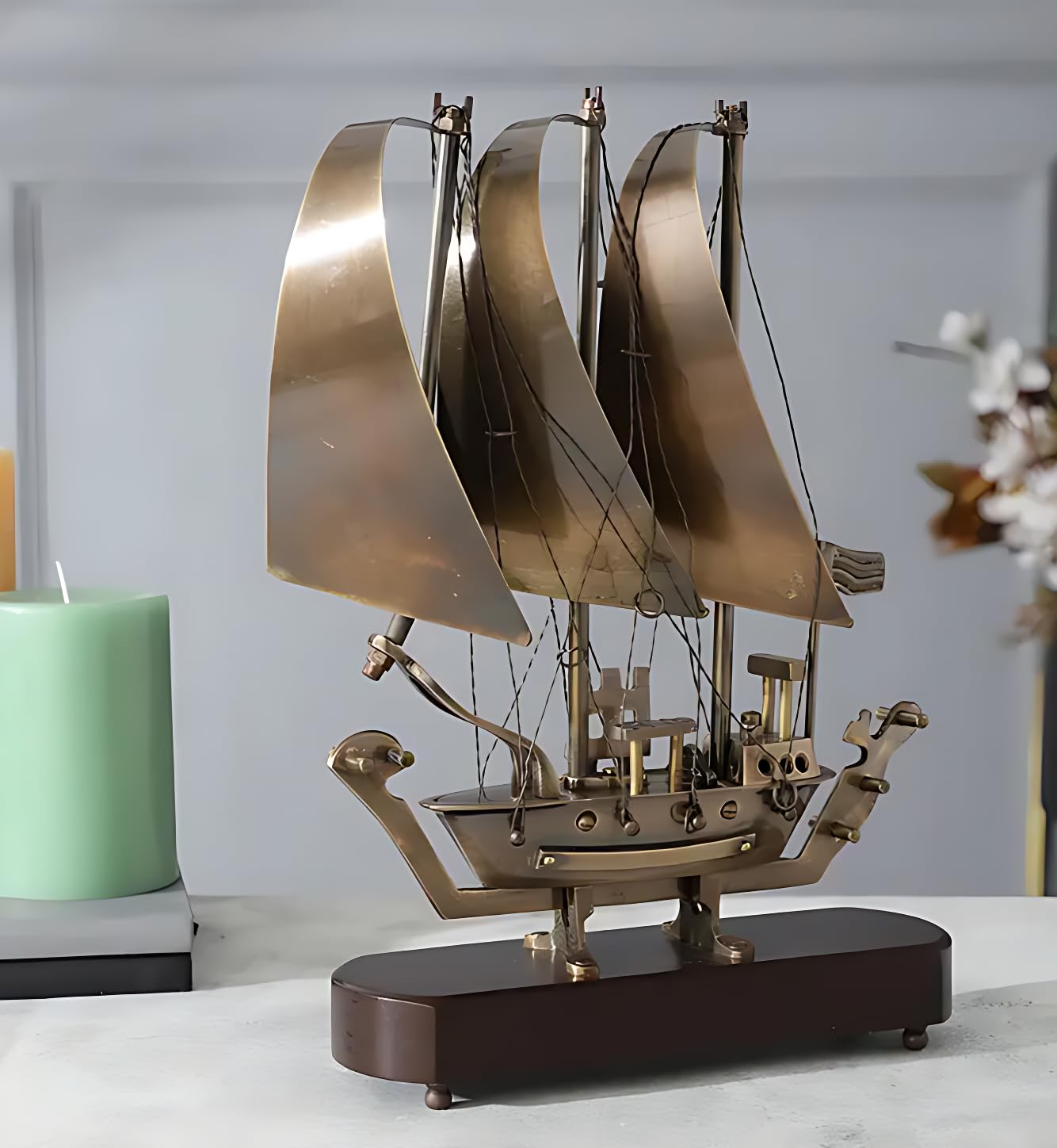 NESTORIA LIVING Vintage Voyager Antique Finish Handcrafted Brass Nautical Sailing Ship Showpiece with Wooden Base for Luxury Home, Office & Desk Décor 10 inch