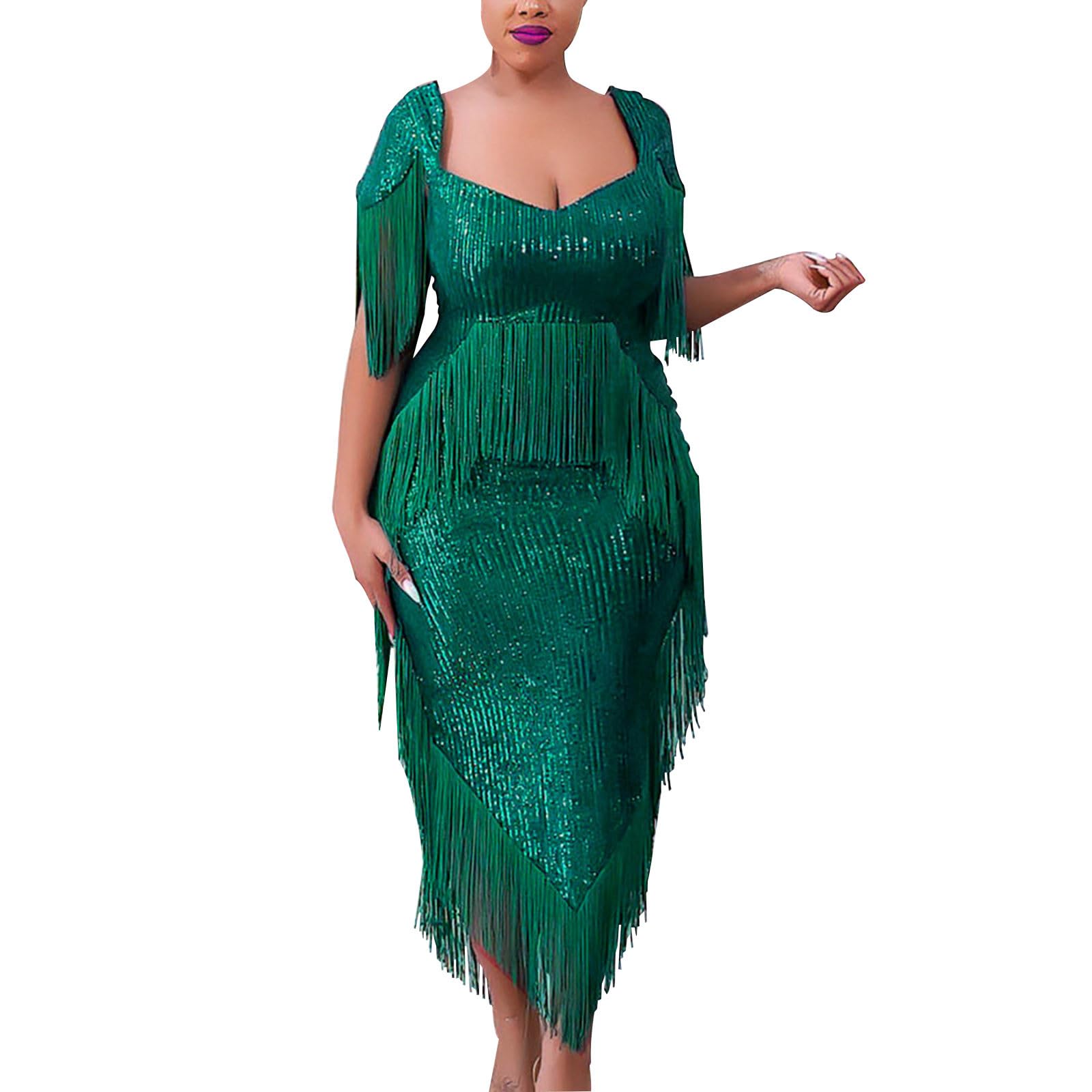 HAOLEI Vestito Paillettes Donna Cerimonia Manica Lunga Elegante e Scintillante Abiti da Festa Capodanno Vestiti con Paillettes Scollo a V Abito da Natale Midi Abito Abbigliamento Abiti per Partito