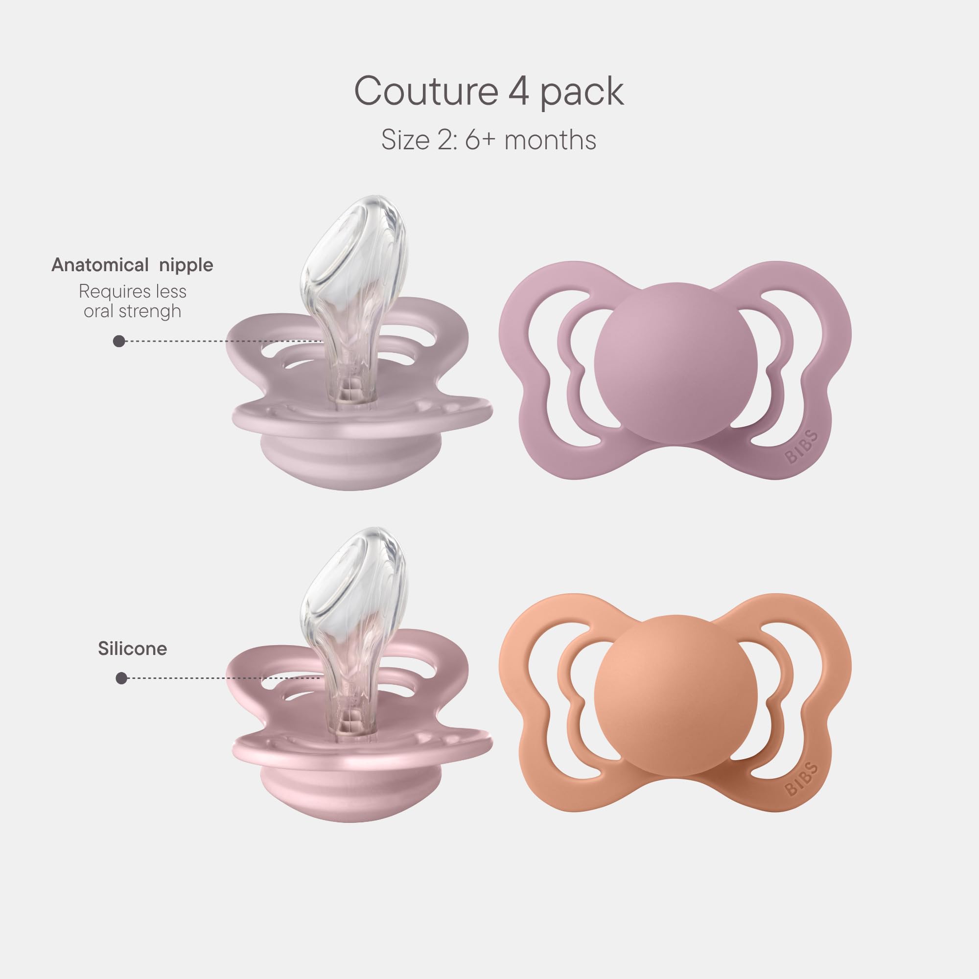BIBS Couture Soother 4-Pack, BPA Free Dummy Pacifier, Orthodontic Nipple. Silicone, Size 2 (6-18 Months), Heather Mix — view 2