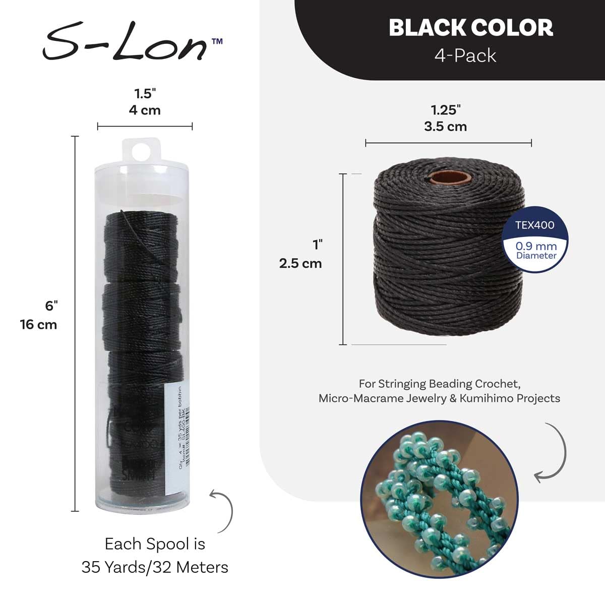 Beadsmith Bobina Hilo S-LON Tex 400 0,9 MM 31,5 Metros - BK Black