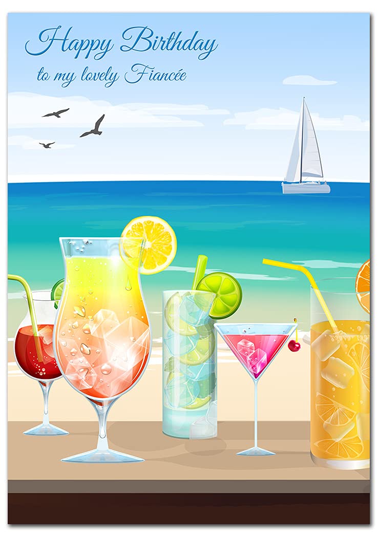 Extra Large Fiancée Birthday Card - XL Big thick A4 size - Special Beautiful Greeting for Women Her Female - Cocktails Drink Beach Bar Cool Art - Nice Huge Happy Wishes - UK Eco-Friendly