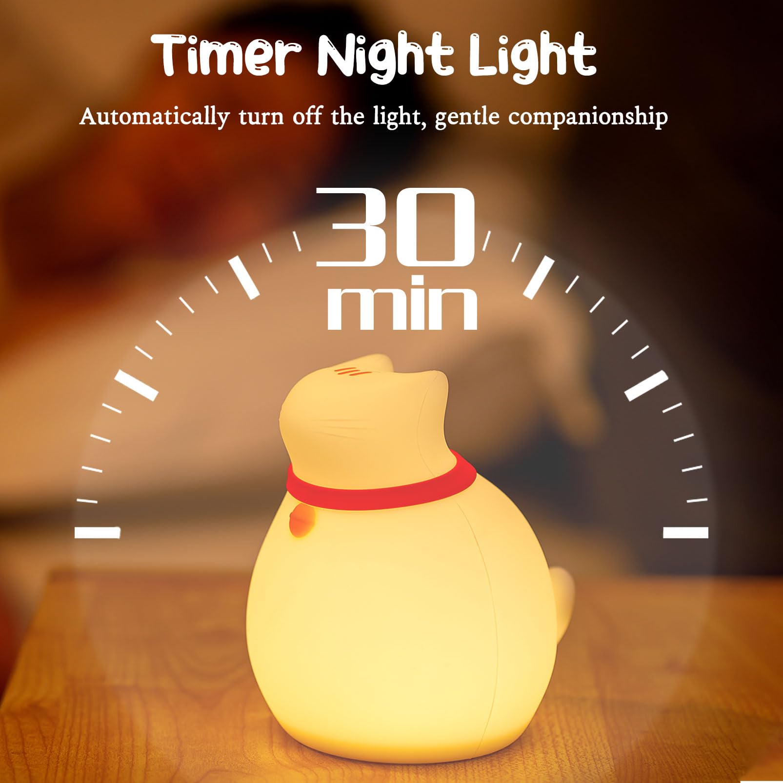 Auezona Luce Notturna Bambini,Lampada Gatto Silicone Luce Notturna Neonato 30 Minuti Timer, Lampada Notturna per Bambini LED Ricaricabile,Lampada da Comodino Cameretta Bambina, Regalo Neonato