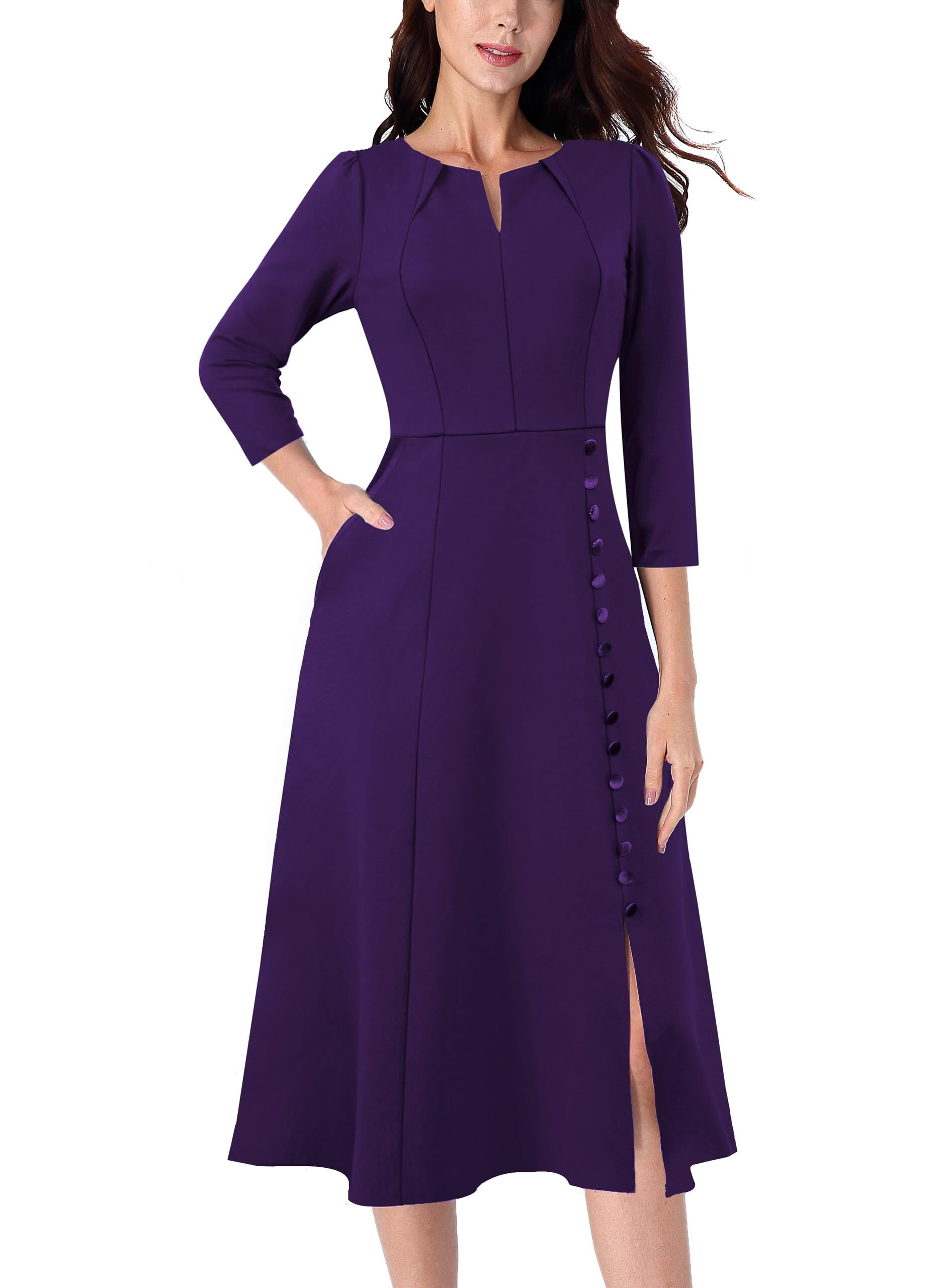 VFSHOW Womens Pleated Notch V Neck Front Slit Midi Dress