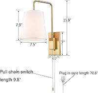 Vista 5 de Juego de Dos Apliques de Pared, Apliques de Pared con Pantalla de Tela Dorada para Dormitorio con Enchufe, Juego de 2